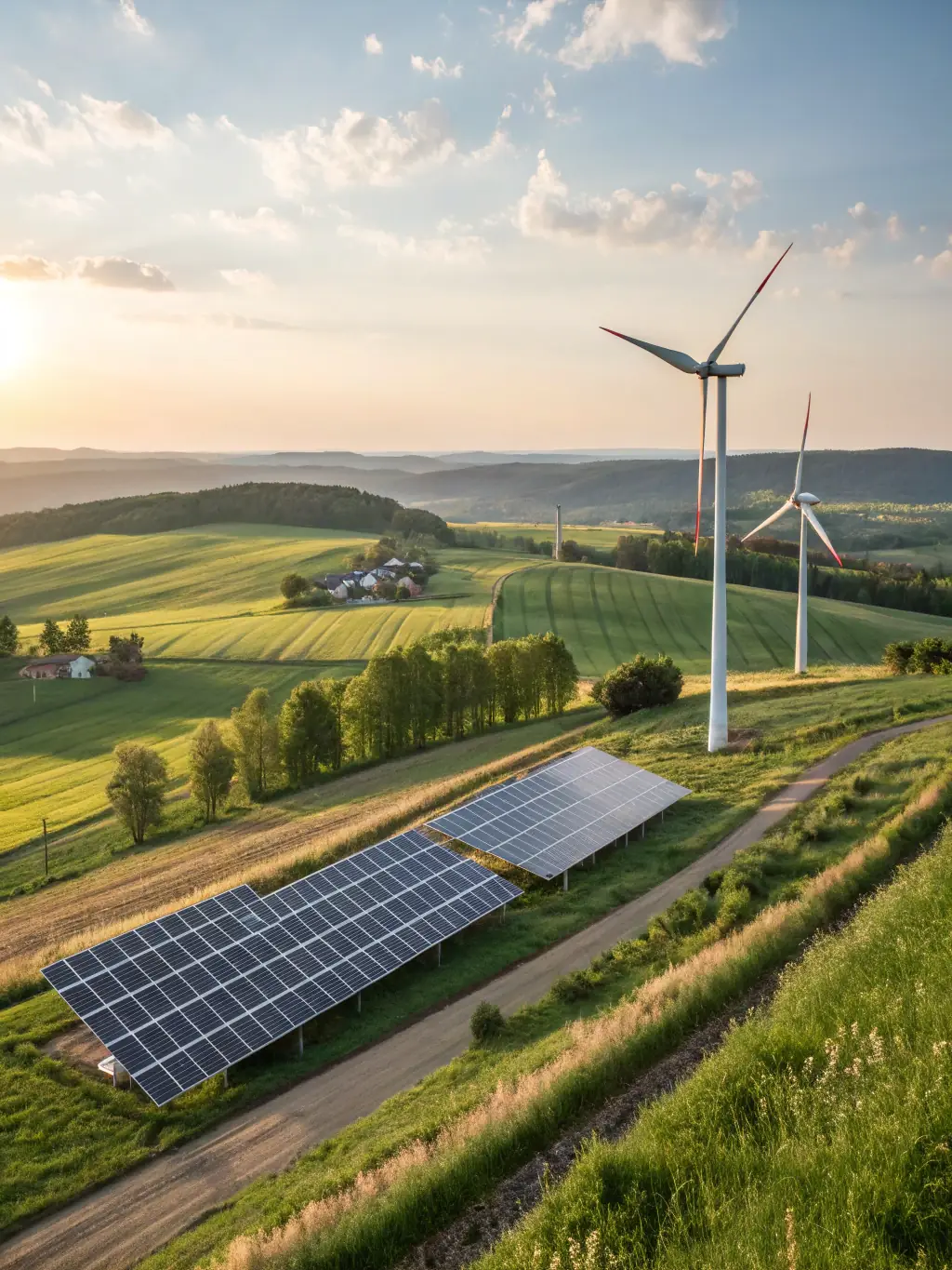 A smart energy grid with renewable energy sources like solar panels and wind turbines, promoting sustainability.