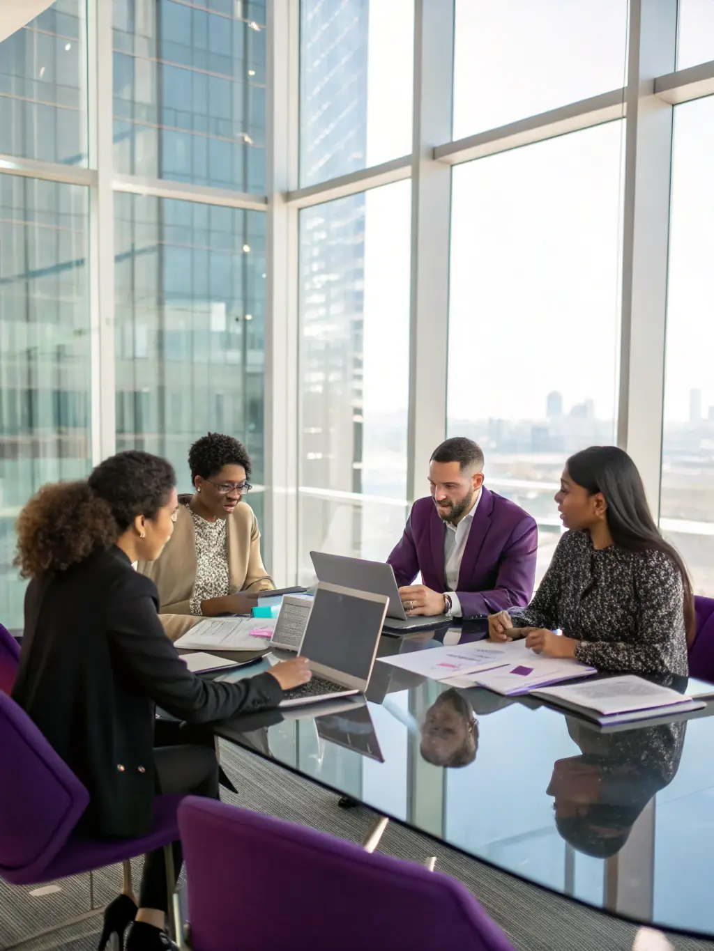 A diverse team of consultants brainstorming innovative solutions in a brightly lit, modern office space.