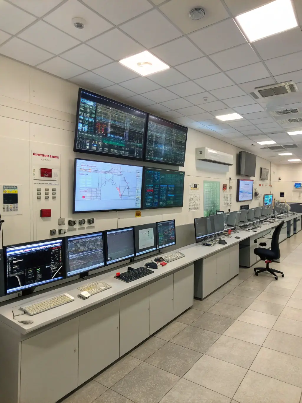 A high-angle shot of a modern command center with multiple screens displaying real-time data and security feeds, symbolizing homeland security.