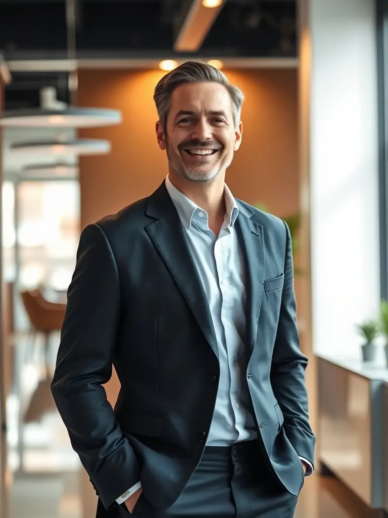A consultant in a suit, standing in front of a whiteboard covered in strategic planning notes, smiling confidently, representing strategic consulting services.