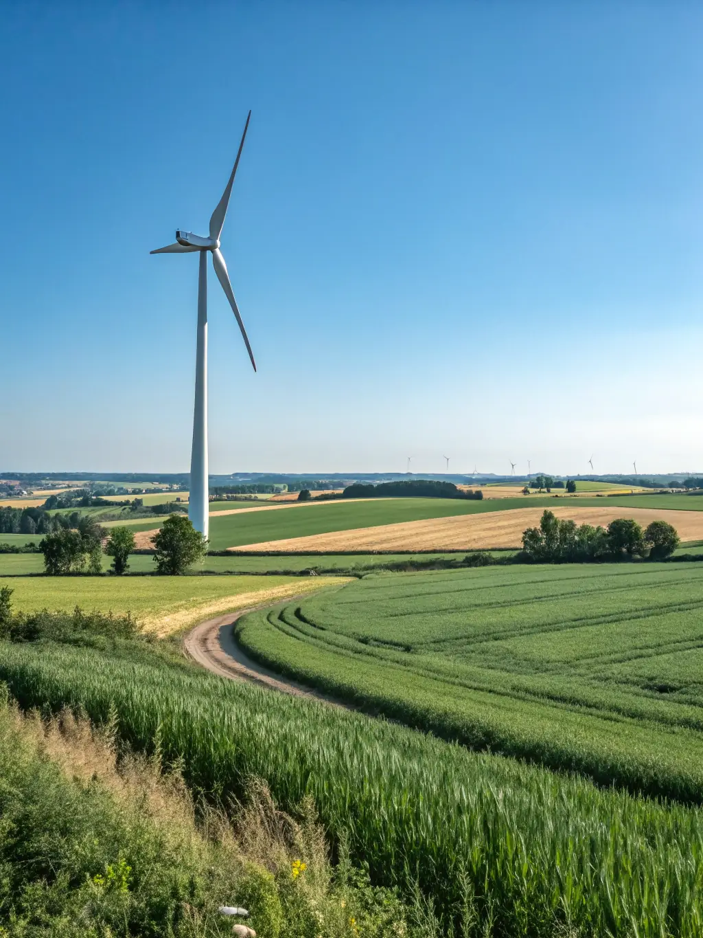 A wind turbine and solar panels in a field, representing energy and sustainability consulting services.