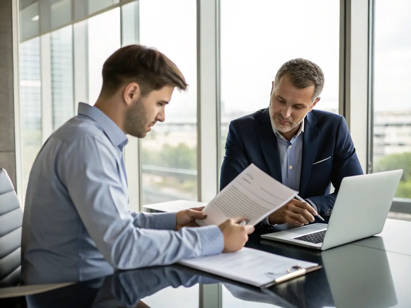 A consultant in a suit, reviewing strategic plans with a client in a modern office setting, emphasizing collaboration and expertise.