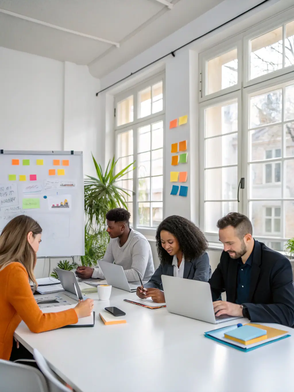 A diverse team of consultants collaborating around a table, brainstorming and discussing solutions, representing collaborative consulting approach.