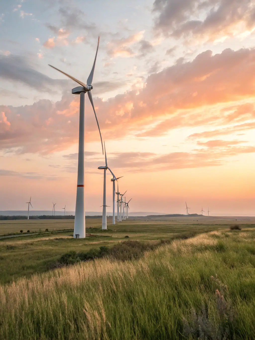 A photograph of a wind turbine farm at sunset, with a smart grid control center visible in the background, illustrating smart energy solutions.