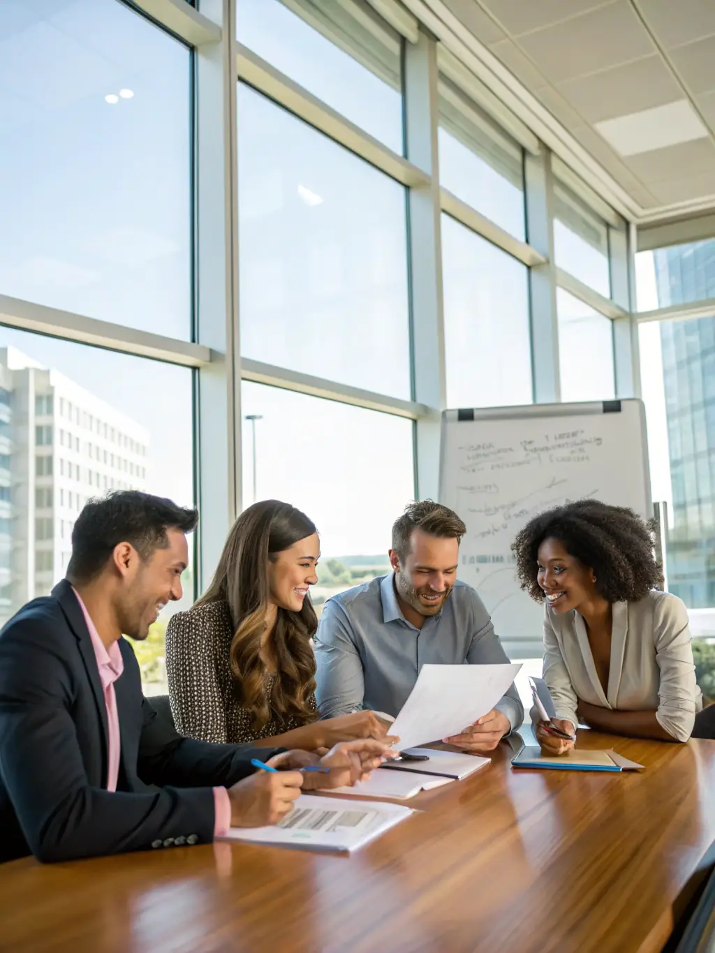 A photograph of a diverse team of consultants in a modern office, collaborating on strategic plans and analyzing market data on large displays.